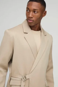 Outlet boohooMAN Straight Fit Wrap Front Blazer stone