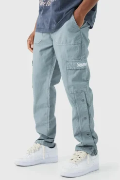 Fashion boohooMAN Straight Leg Cargo Popper Hem Ripstop Branded Trouser slate