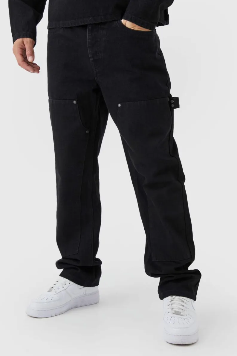 Cheap boohooMAN Straight Leg Carpenter Black Jeans true black