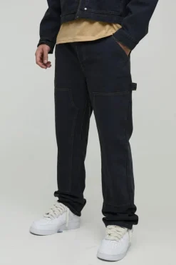 Shop boohooMAN Straight Leg Carpenter Contrast Stitch Jeans dark navy