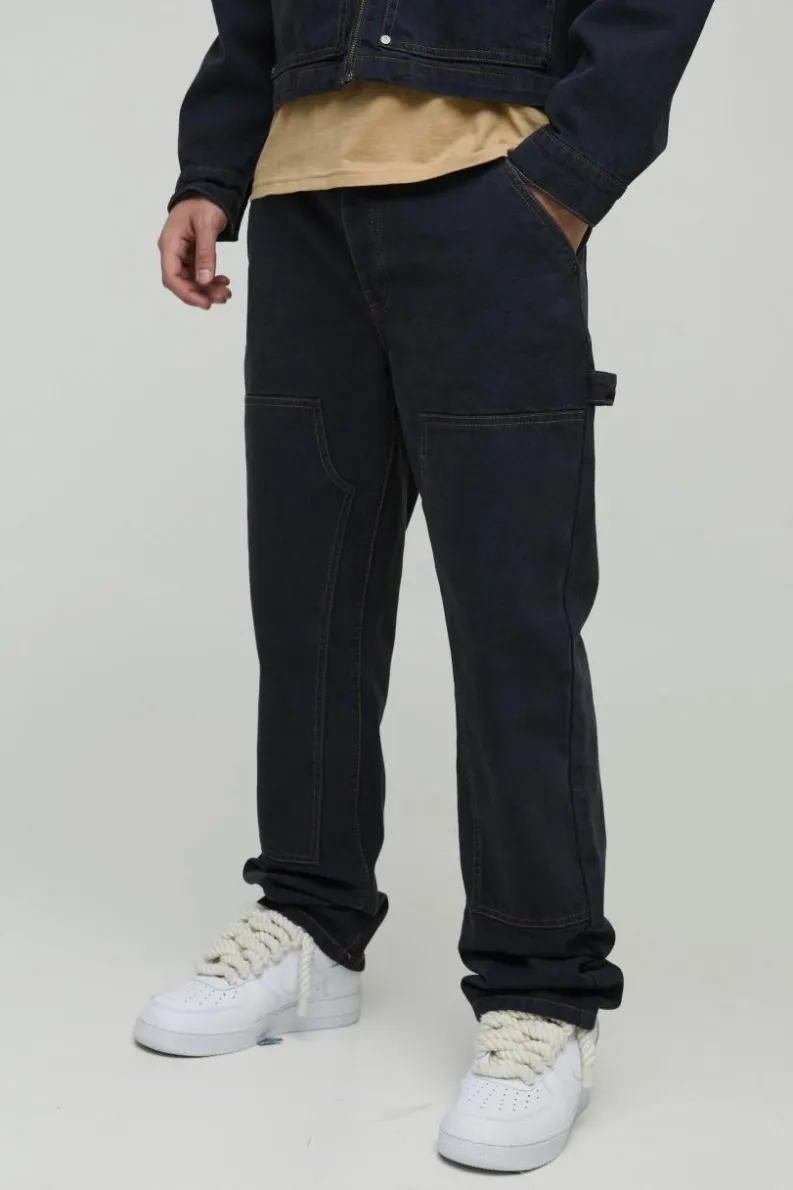 Shop boohooMAN Straight Leg Carpenter Contrast Stitch Jeans dark navy