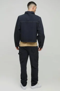 Shop boohooMAN Straight Leg Carpenter Contrast Stitch Jeans dark navy