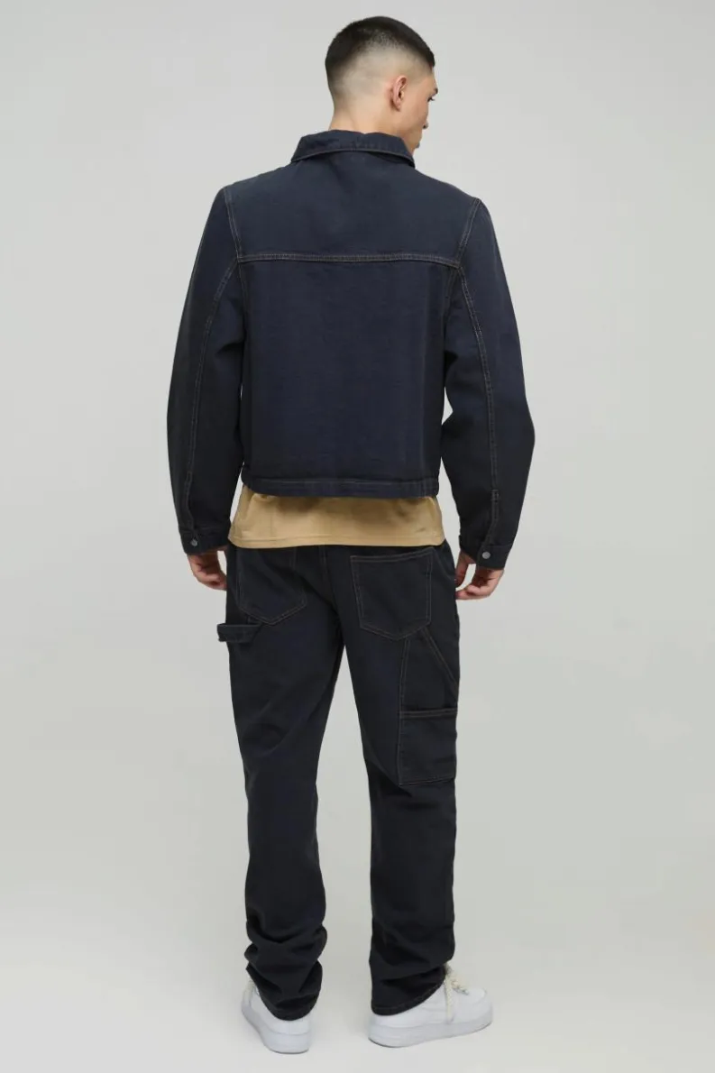 Shop boohooMAN Straight Leg Carpenter Contrast Stitch Jeans dark navy