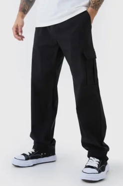 Shop boohooMAN Straight Leg Elasticated Waist Bengaline Cargo Trouser black