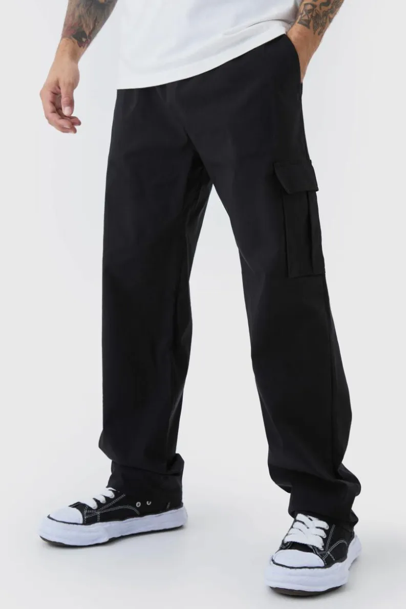 Shop boohooMAN Straight Leg Elasticated Waist Bengaline Cargo Trouser black