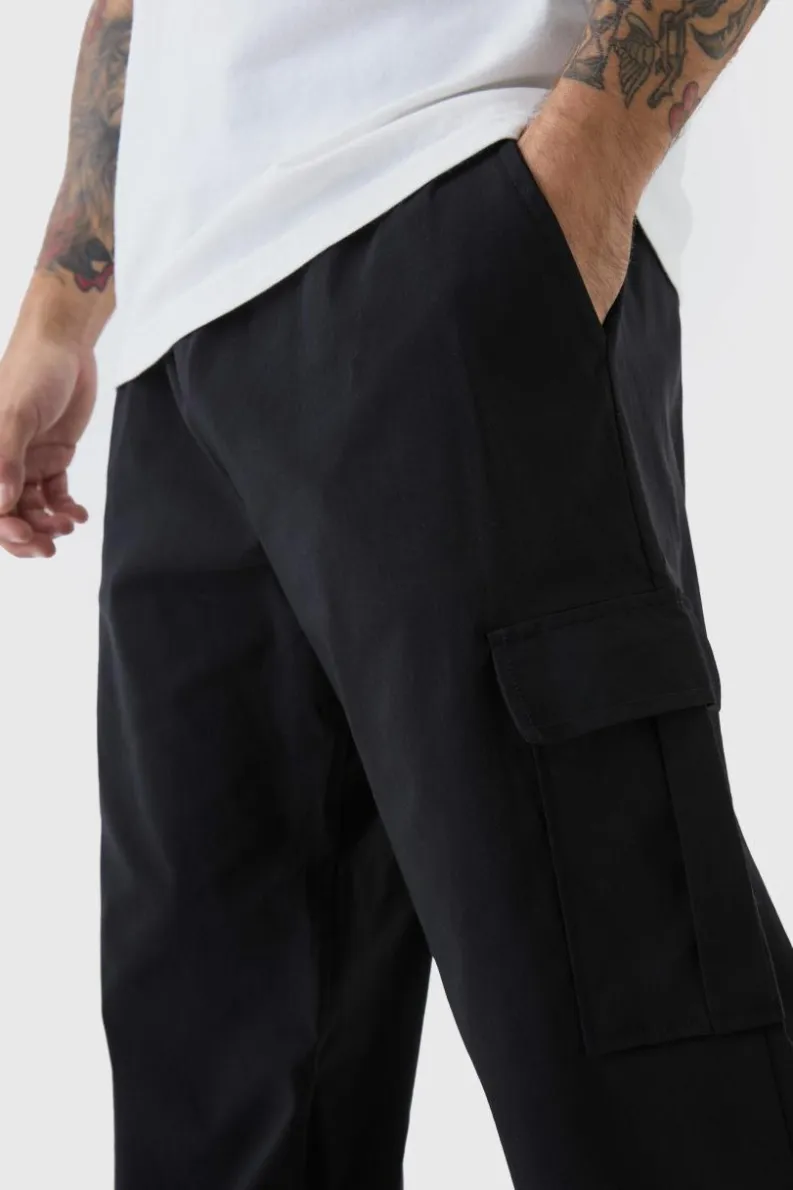 Shop boohooMAN Straight Leg Elasticated Waist Bengaline Cargo Trouser black
