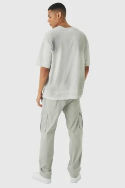 Clearance boohooMAN Straight Leg Elasticated Waist Bengaline Cargo Trouser light grey