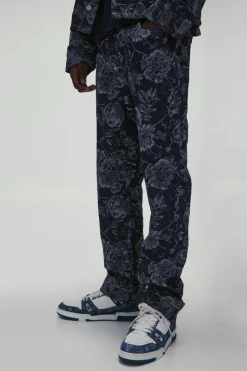 Flash Sale boohooMAN Straight Leg Floral Denim Jacquard Jeans indigo