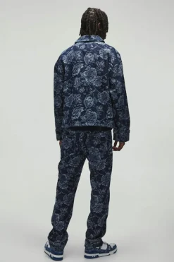 Flash Sale boohooMAN Straight Leg Floral Denim Jacquard Jeans indigo