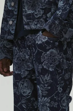 Flash Sale boohooMAN Straight Leg Floral Denim Jacquard Jeans indigo