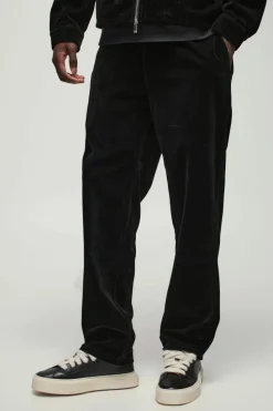 Store boohooMAN Straight Leg Half Fixed Waistband Velour Trousers black