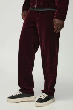 Clearance boohooMAN Straight Leg Half Fixed Waistband Velour Trousers wine