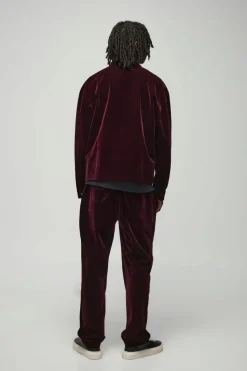 Clearance boohooMAN Straight Leg Half Fixed Waistband Velour Trousers wine