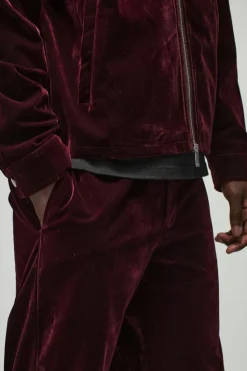 Clearance boohooMAN Straight Leg Half Fixed Waistband Velour Trousers wine