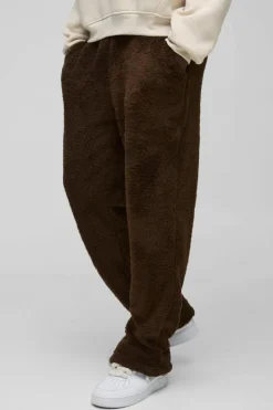 New boohooMAN Straight Leg Teddy Borg Joggers chocolate