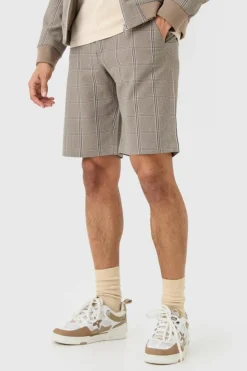 Hot boohooMAN Stretch Textured Check Fixed Waist Shorts brown