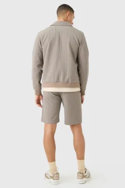 Hot boohooMAN Stretch Textured Check Fixed Waist Shorts brown