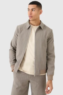 Store boohooMAN Stretch Textured Check Smart Bomber Jacket brown