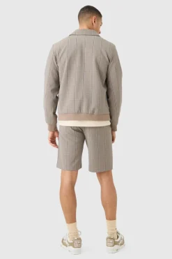 Store boohooMAN Stretch Textured Check Smart Bomber Jacket brown