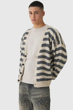 Shop boohooMAN Striped Boxy Brushed Cable Knit Cardigan ecru