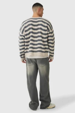 Shop boohooMAN Striped Boxy Brushed Cable Knit Cardigan ecru