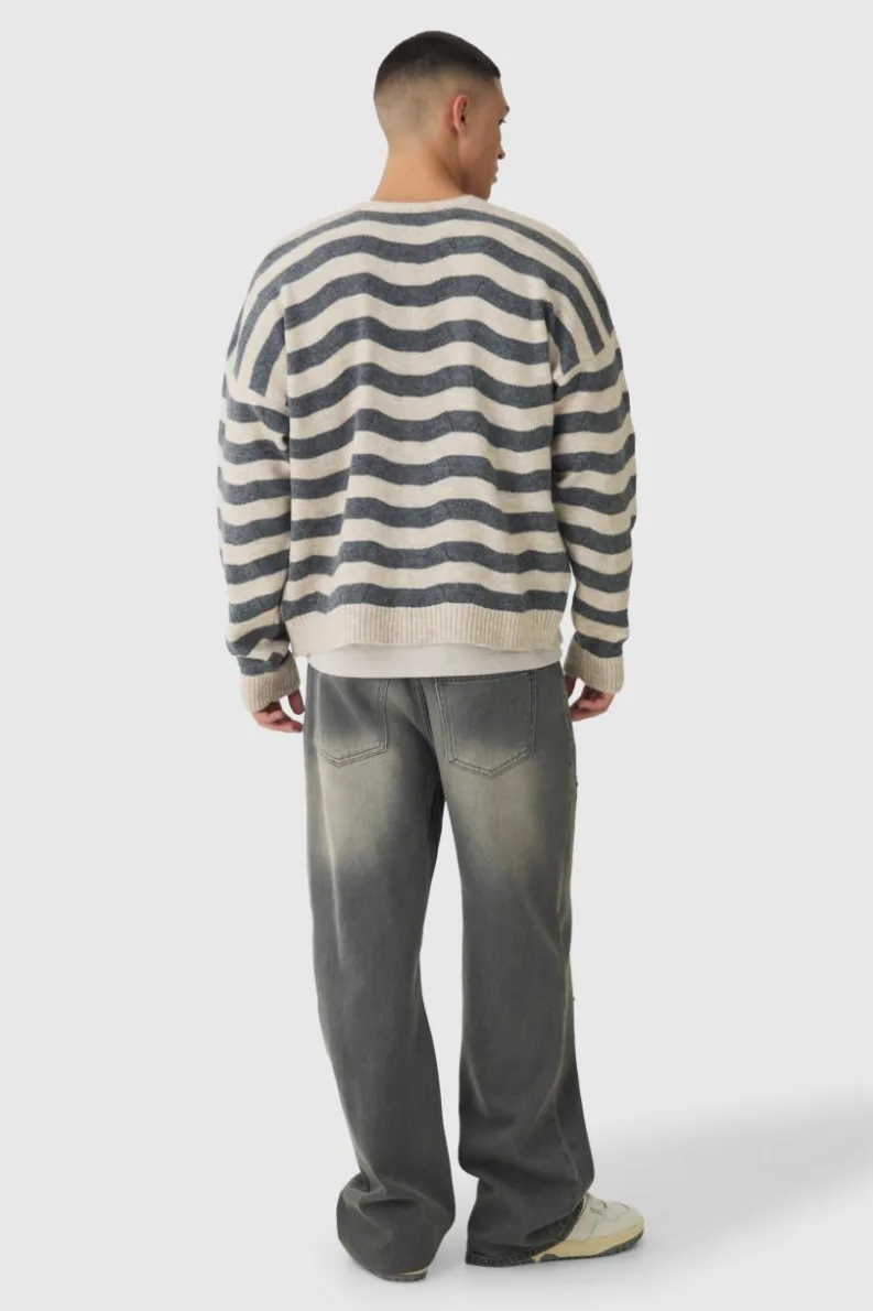 Shop boohooMAN Striped Boxy Brushed Cable Knit Cardigan ecru