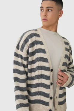 Shop boohooMAN Striped Boxy Brushed Cable Knit Cardigan ecru