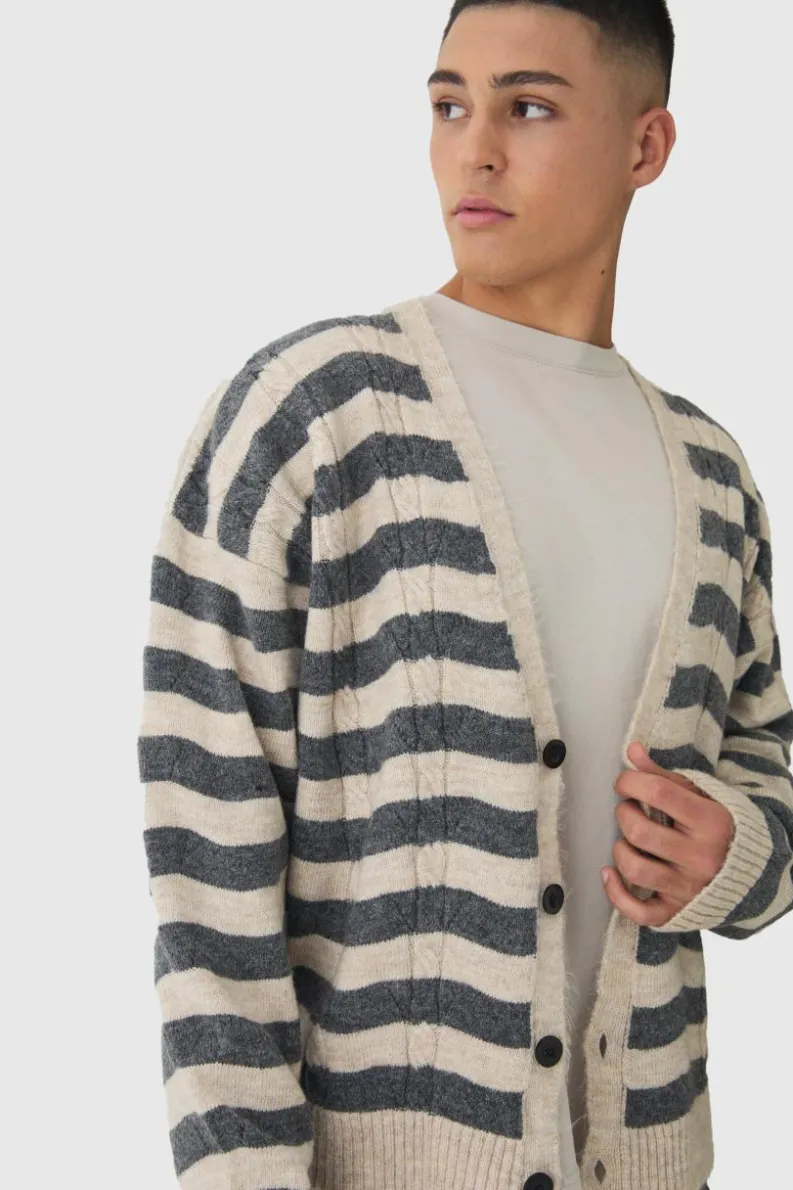 Shop boohooMAN Striped Boxy Brushed Cable Knit Cardigan ecru