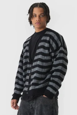 Discount boohooMAN Striped Boxy Brushed Cable Knit Cardigan black