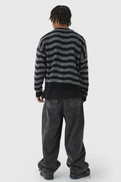 Discount boohooMAN Striped Boxy Brushed Cable Knit Cardigan black