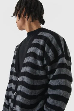 Discount boohooMAN Striped Boxy Brushed Cable Knit Cardigan black