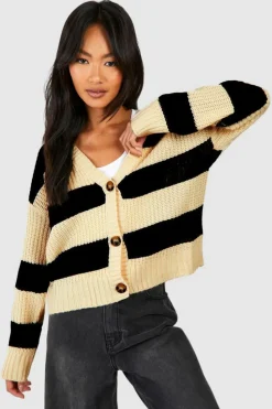 Cheap boohoo Stripe Fisherman Rib Knit Crop Cardigan oatmeal