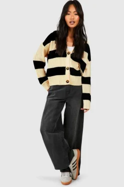 Cheap boohoo Stripe Fisherman Rib Knit Crop Cardigan oatmeal