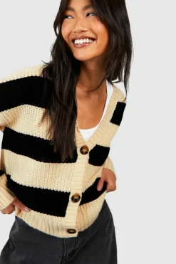 Cheap boohoo Stripe Fisherman Rib Knit Crop Cardigan oatmeal