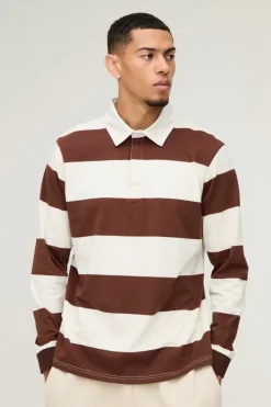 Store boohooMAN Stripe Long Sleeve Rugby Polo chocolate
