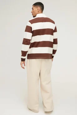 Store boohooMAN Stripe Long Sleeve Rugby Polo chocolate