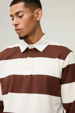 Store boohooMAN Stripe Long Sleeve Rugby Polo chocolate