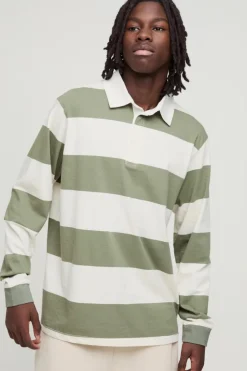 Shop boohooMAN Stripe Long Sleeve Rugby Polo khaki