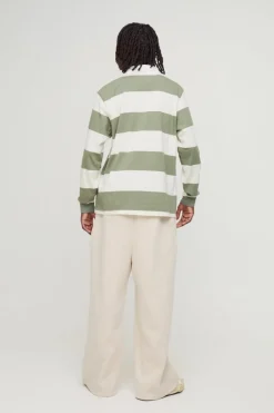 Shop boohooMAN Stripe Long Sleeve Rugby Polo khaki