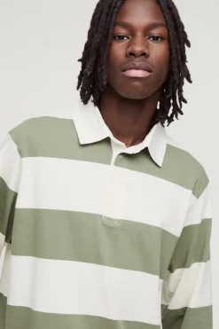 Shop boohooMAN Stripe Long Sleeve Rugby Polo khaki