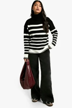 Hot boohoo Stripe Roll Neck Jumper black