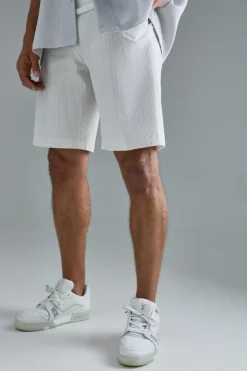 Shop boohooMAN Stripe Seersucker Fixed Waist Regular Fit Shorts ecru