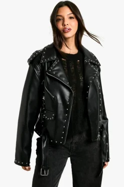 Online boohoo Studded Faux Leather Biker Jacket true black