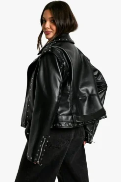 Online boohoo Studded Faux Leather Biker Jacket true black