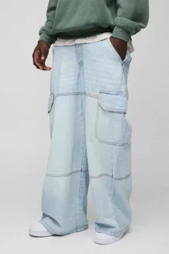 Best boohooMAN Super Baggy Rigid Cargo Denim Jeans light blue