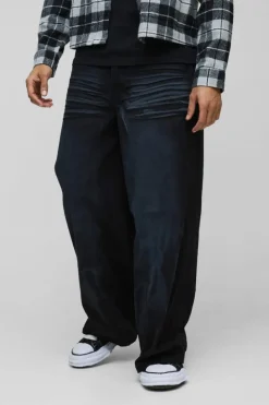 Store boohooMAN Super Baggy Rigid Crinkle Wash Applique Denim Jeans washed black