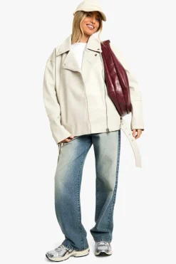 Fashion boohoo Super Oversized Belted Biker Jacket stone