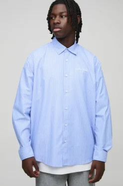 Flash Sale boohooMAN Super Oversized Long Sleeve Embroidered Stripe Shirt blue