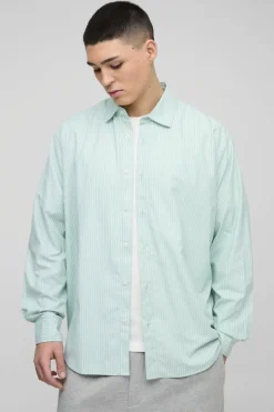Hot boohooMAN Super Oversized Long Sleeve Stripe Shirt green