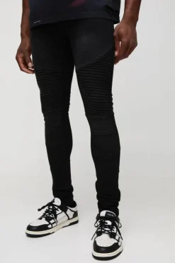 Hot boohooMAN Super Skinny Biker Crinkle Wash Jeans washed black